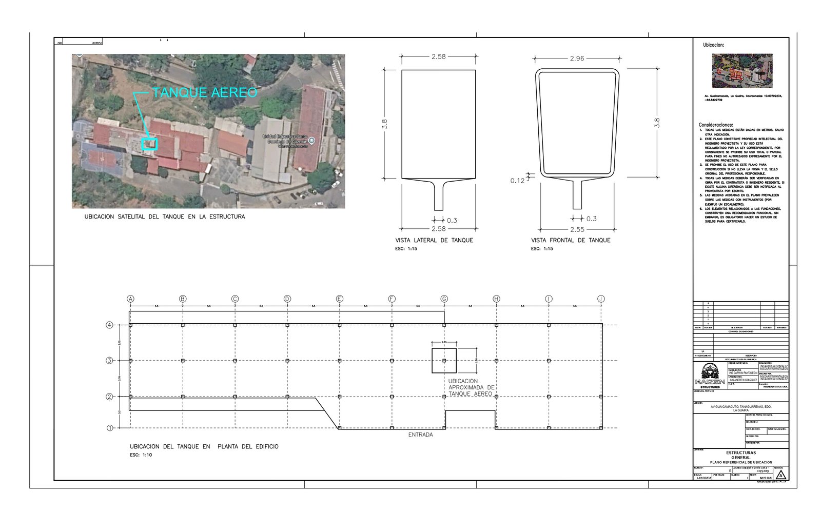 Plano referencial de ubicación del tanque aéreo en la estructura