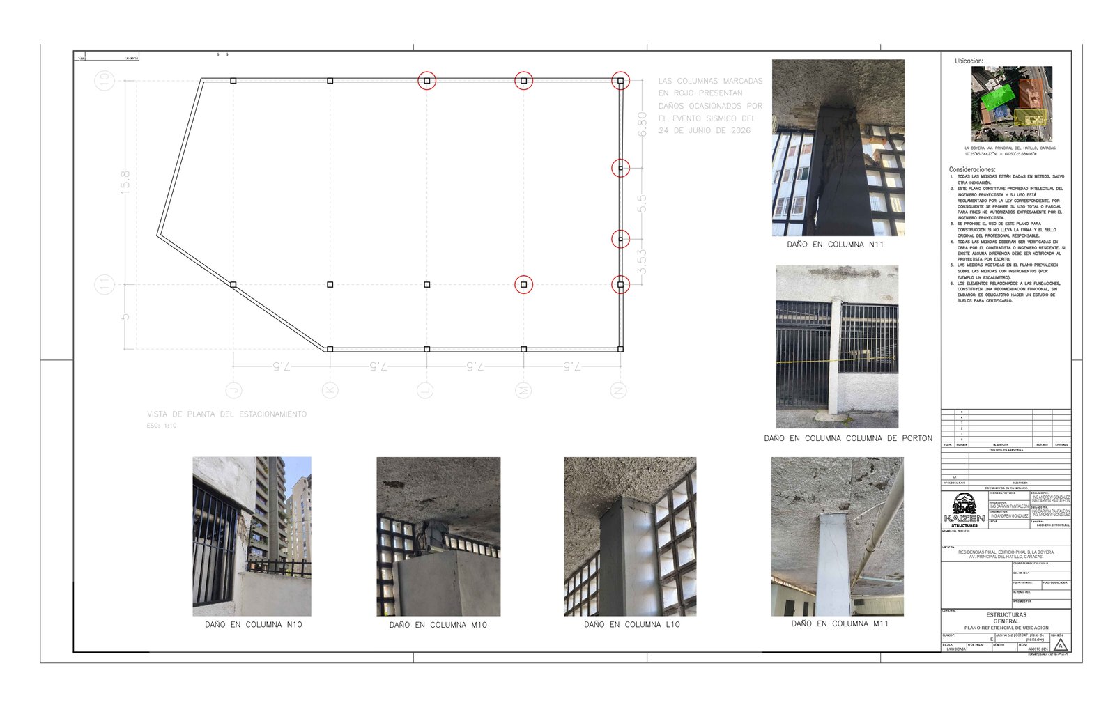 Plano de planta con identificación de columnas dañadas