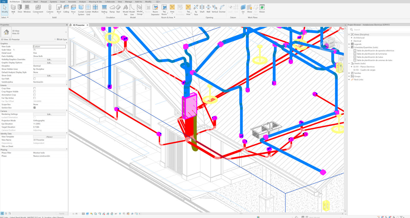 Modelo 3D de canalizaciones eléctricas en Revit
