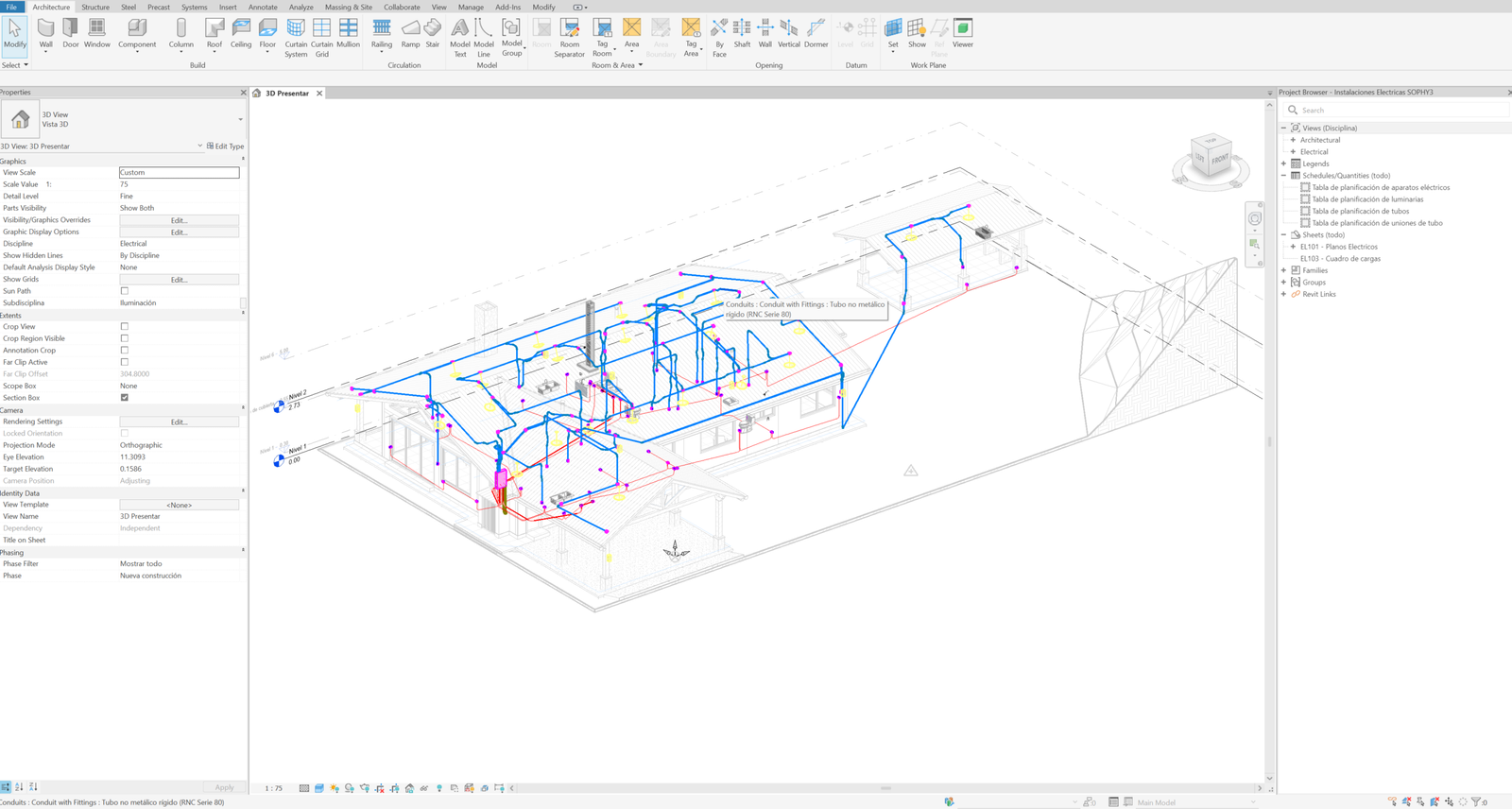 Instalación eléctrica modelada en Revit — Casa Sophy