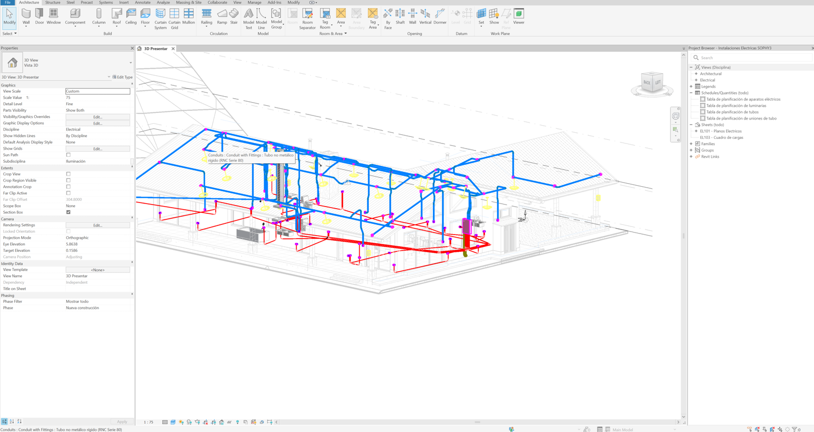 Instalación eléctrica modelada en 3D en Revit