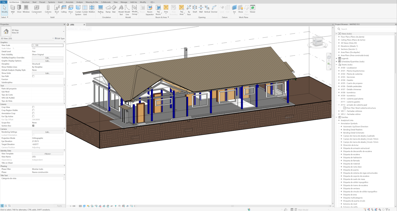 Modelo arquitectónico y estructural de la vivienda en Revit
